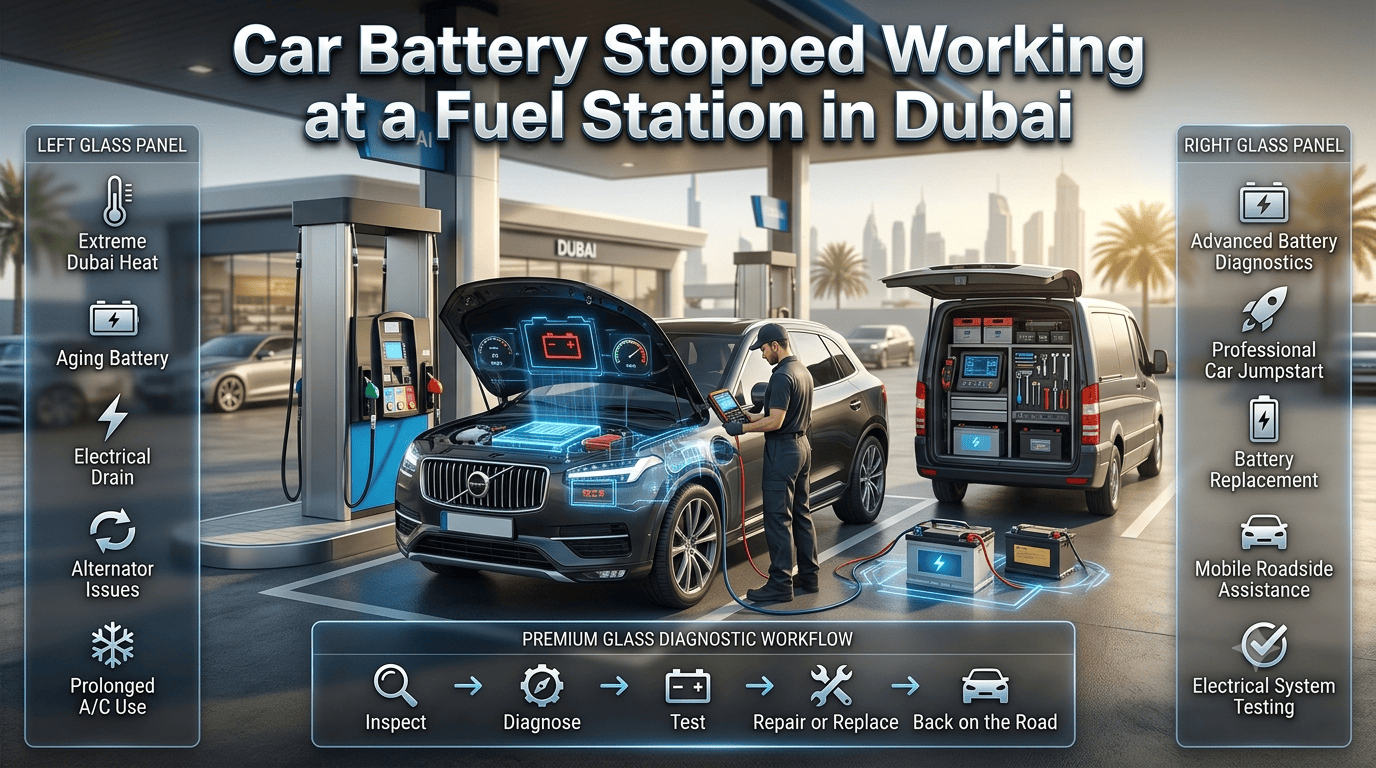 Premium automotive infographic showing a car with a dead battery at a Dubai fuel station, highlighting battery diagnostics, jump-start, replacement, and mobile roadside assistance.