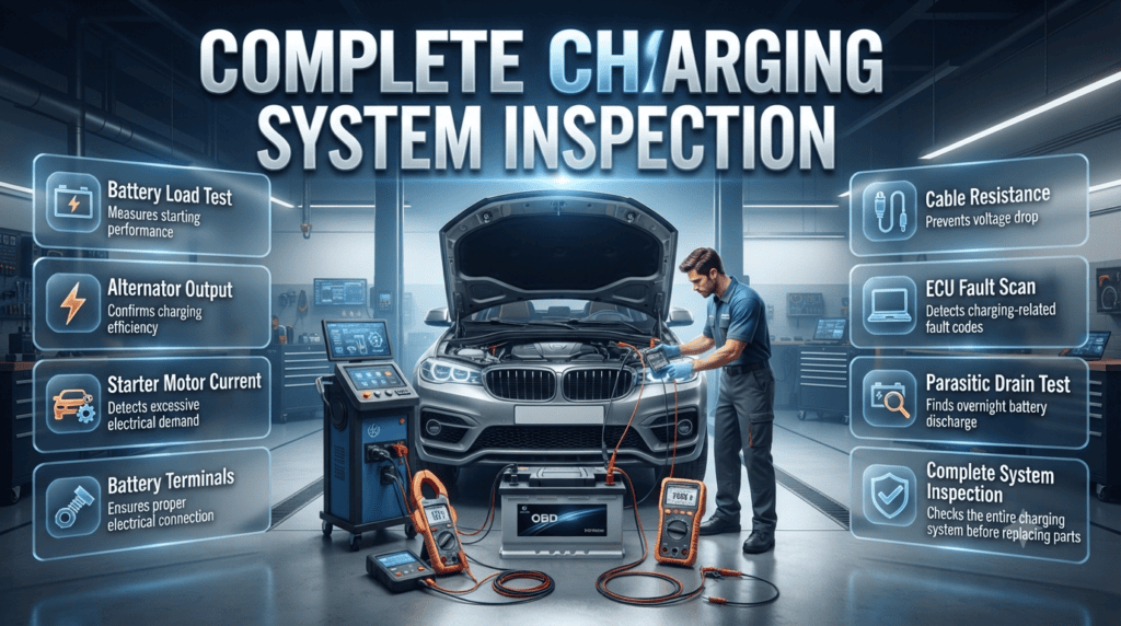Professional charging system inspection showing battery load testing, alternator diagnostics, ECU scanning, parasitic drain testing, and cable inspection before highway travel.