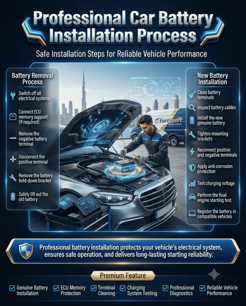 Professional Car Battery Installation Process | Safe & Genuine Battery Replacement in Dubai Premium automotive infographic illustrating the professional car battery installation process, including ECU memory support, battery removal, terminal cleaning, genuine battery installation, charging voltage testing, and final vehicle startup verification.