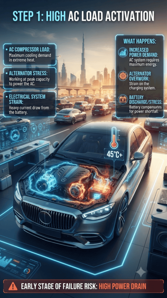 STEP 1: HIGH AC LOAD ACTIVATION – BATTERY STRESS STAGE 1 (DUBAI HEAT GUIDE 2026) Step 1 high AC load activation in Dubai showing car battery stress, AC compressor running continuously and alternator working at maximum output under extreme heat conditions.