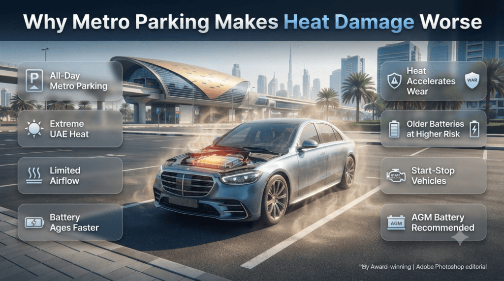 Infographic showing a car parked at a Dubai Metro station under extreme sunlight, explaining how prolonged heat and inactivity accelerate car battery deterioration.