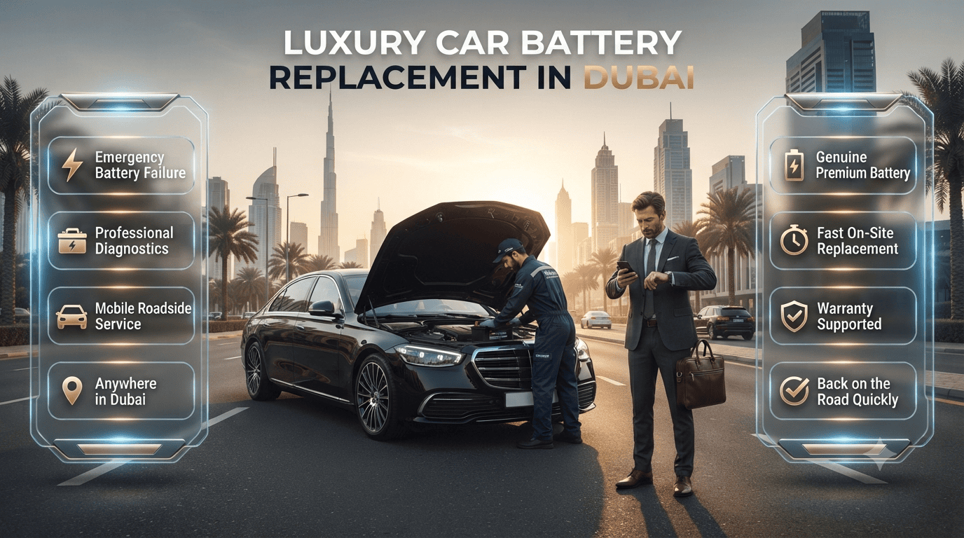 Premium roadside car battery replacement service in Dubai helping a professional driver whose car battery failed before an important client meeting with fast on-site assistance.