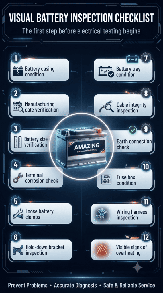 Visual Battery Inspection Checklist – First Step Before Electrical Testing Futuristic automotive infographic showing a central car battery branded “AMAZING Premium Batteries” surrounded by a 12-point visual inspection checklist for technicians before electrical testing.