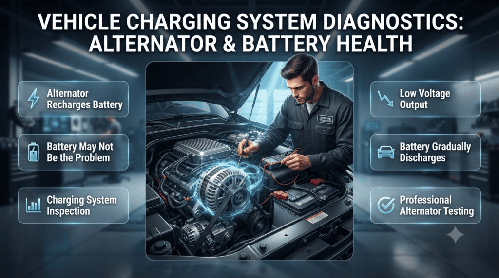 Professional automotive technician testing a car alternator with a digital multimeter after a no-start condition to diagnose battery charging problems.