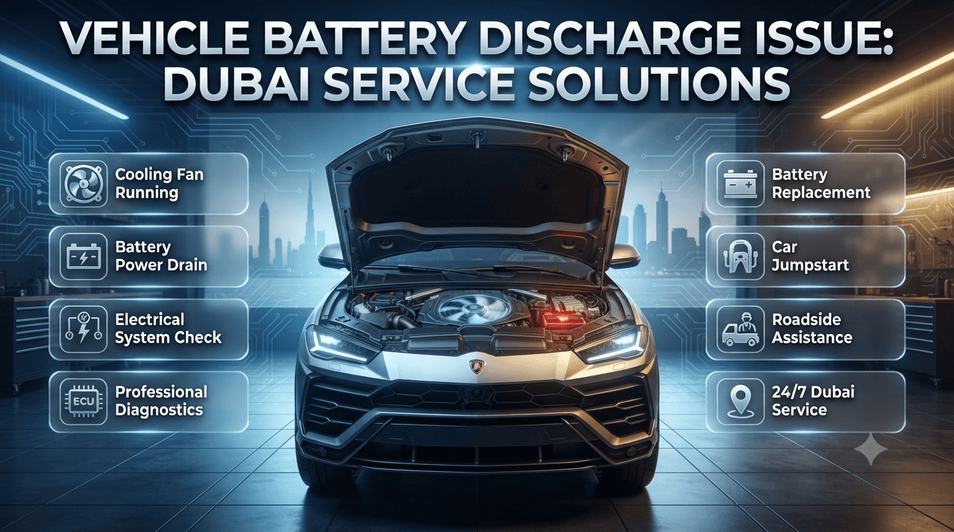Professional infographic showing a car with a discharged battery after the cooling fan kept running in Dubai, highlighting battery diagnosis, jump start, and replacement services.