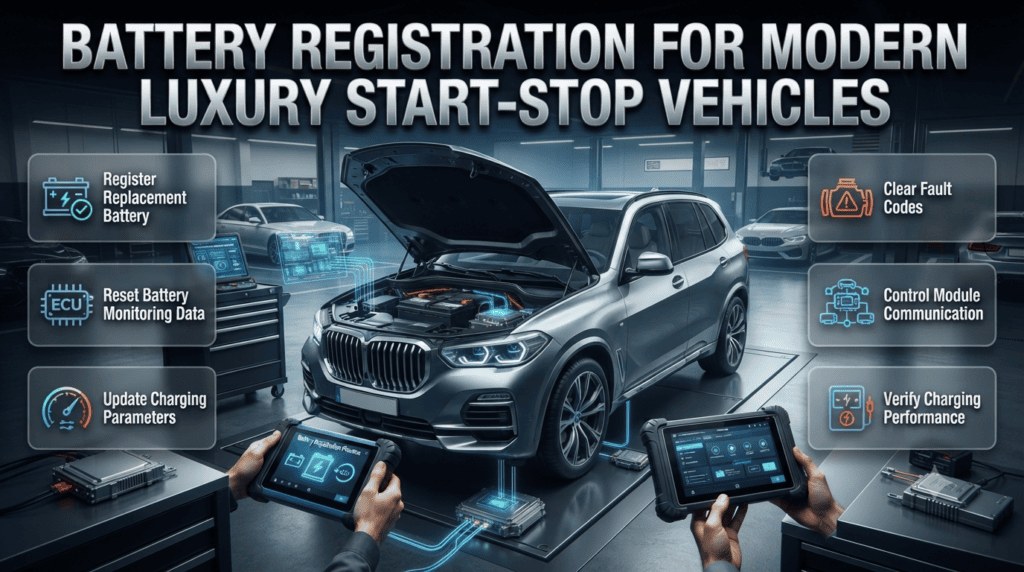 Modern luxury vehicle battery registration process showing diagnostic coding, charging adjustment, fault clearing, and battery setup