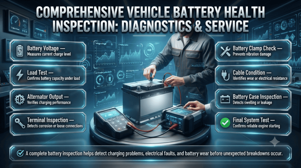 Professional automotive infographic showing a complete vehicle battery inspection checklist including voltage testing, load test, alternator output, terminal inspection, cable condition, and final system test.