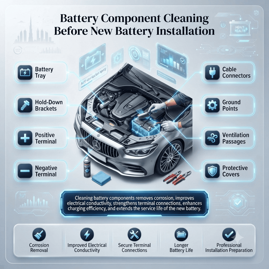 Battery Component Cleaning Before New Battery Installation Professional technician cleaning the battery tray, battery terminals, cable connectors, ground points, and protective components before installing a new genuine car battery in Dubai.