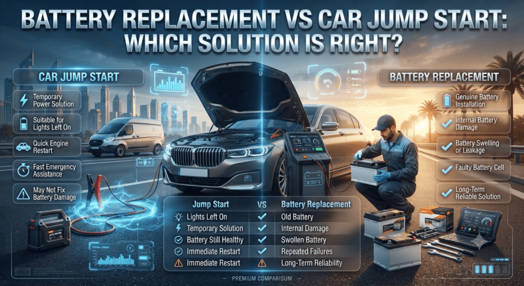 Battery Replacement vs Car Jump Start: Which Solution Is Right? Comparison of car jump start and battery replacement showing a dead battery diagnosis, roadside technician, and vehicle battery condition assessment.