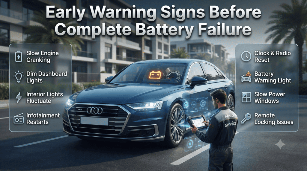 Early Warning Signs Before Complete Car Battery Failure in Dubai Infographic showing early warning signs of a failing car battery in Dubai, including dim dashboard lights, slow engine cranking, battery warning light, and electrical issues.