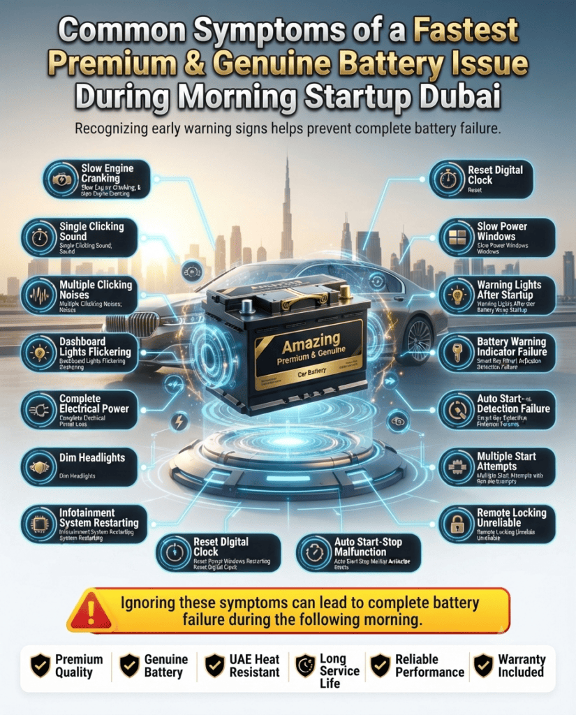 Common Symptoms of a Fastest Premium & Genuine Battery Issue During Morning Startup Dubai Professional automotive infographic illustrating the common symptoms of a Fastest Premium & Genuine Battery Issue During Morning Startup in Dubai, including slow engine cranking, clicking noises, flickering dashboard lights, dim headlights, smart key detection failure, battery warning light, and complete electrical power loss.