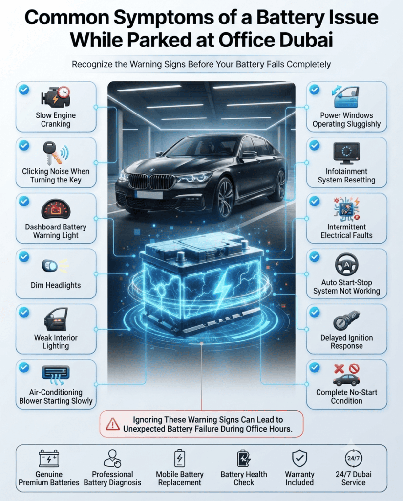Common Symptoms of a Battery Issue While Parked at Office Dubai | Visual User Guide Professional infographic showing the common warning signs of a car battery issue while parked at an office in Dubai, including slow engine cranking, clicking sounds, dim headlights, dashboard battery warning light, infotainment reset, and complete no-start condition.