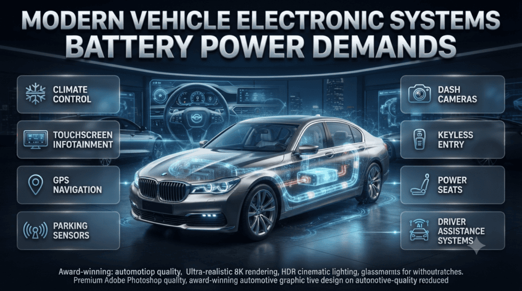 Modern car battery infographic showing electronic systems like infotainment, GPS, sensors, keyless entry, and power demands