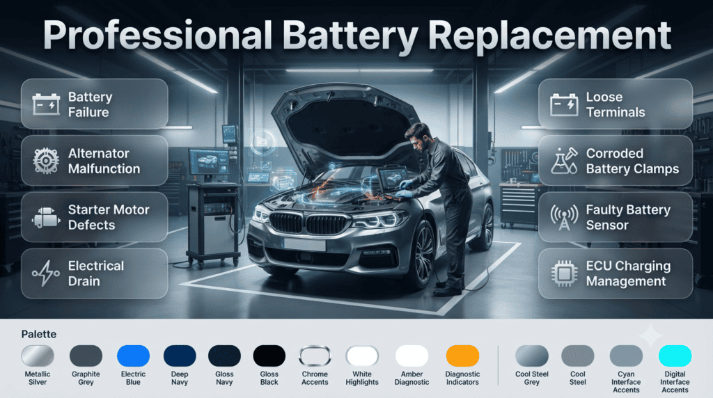 Infographic showing professional car battery diagnostics, battery replacement decision process, alternator testing, starter motor inspection, and electrical fault detection.