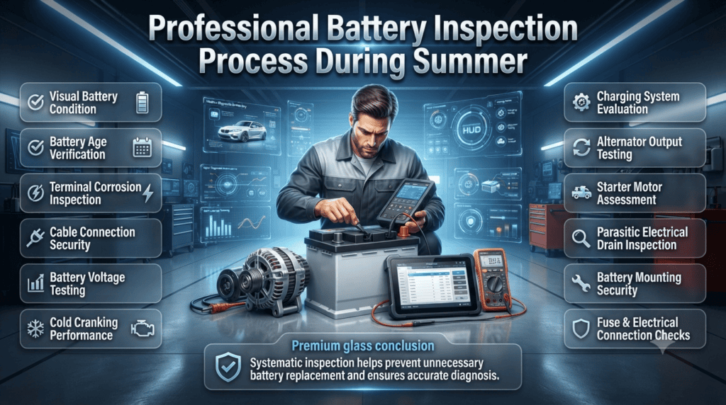 Professional Summer Car Battery Inspection Process Guide Premium infographic illustrating a professional summer car battery inspection process, including voltage testing, alternator checks, terminal inspection, starter assessment, and charging system diagnostics.