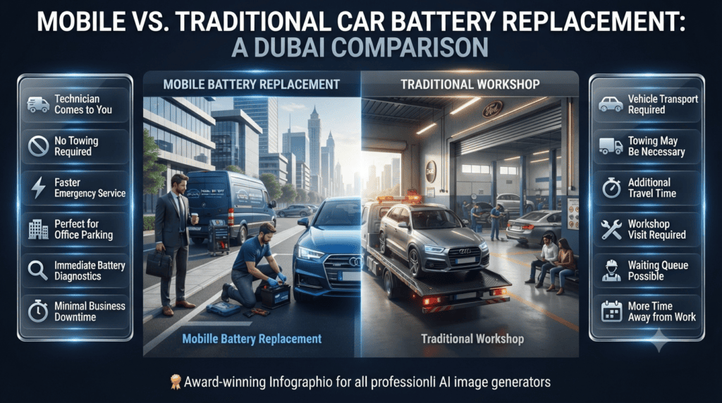 Comparison infographic showing mobile battery replacement versus traditional workshop service, highlighting convenience, emergency response, towing needs, and time savings.