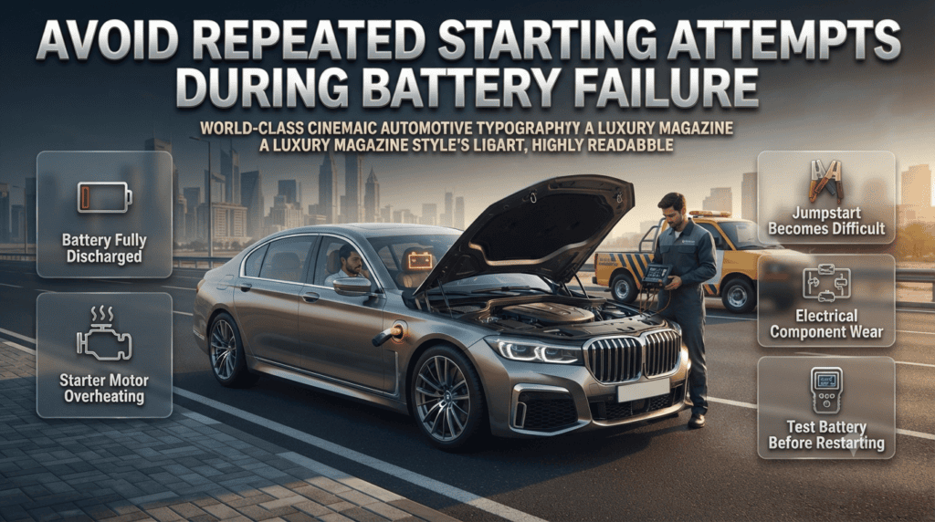 Car battery failure infographic showing repeated starting attempts, starter motor stress, battery discharge, and professional testing