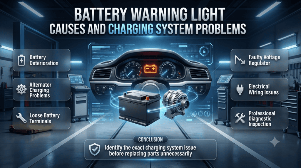 Battery Warning Light Causes and Charging System Problems Automotive infographic showing common battery warning light causes, including battery deterioration, alternator issues, loose terminals, voltage regulator faults, and wiring problems.