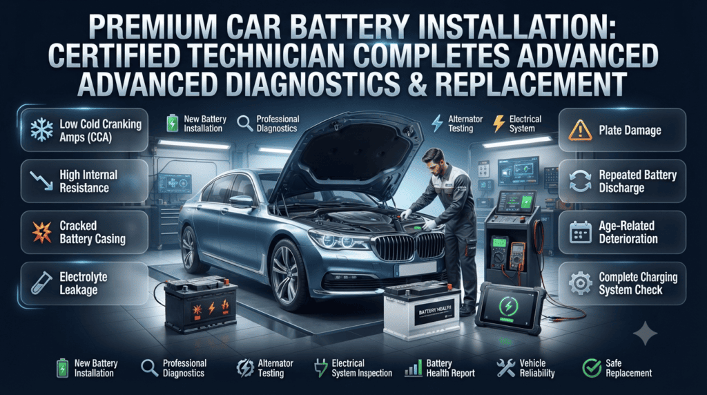 Professional infographic showing when car battery replacement is necessary, highlighting low CCA, cracked battery casing, electrolyte leakage, internal damage, and complete charging system diagnostics.