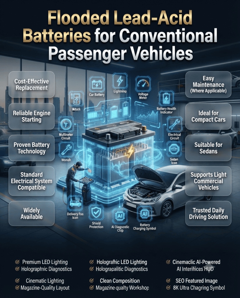 Flooded Lead-Acid Batteries for Conventional Passenger Vehicles | Reliable Car Battery Guide Dubai Premium automotive infographic showing a flooded lead-acid car battery installed in a conventional passenger vehicle, highlighting reliable starting performance, cost-effective replacement, proven technology, and compatibility with standard electrical systems.
