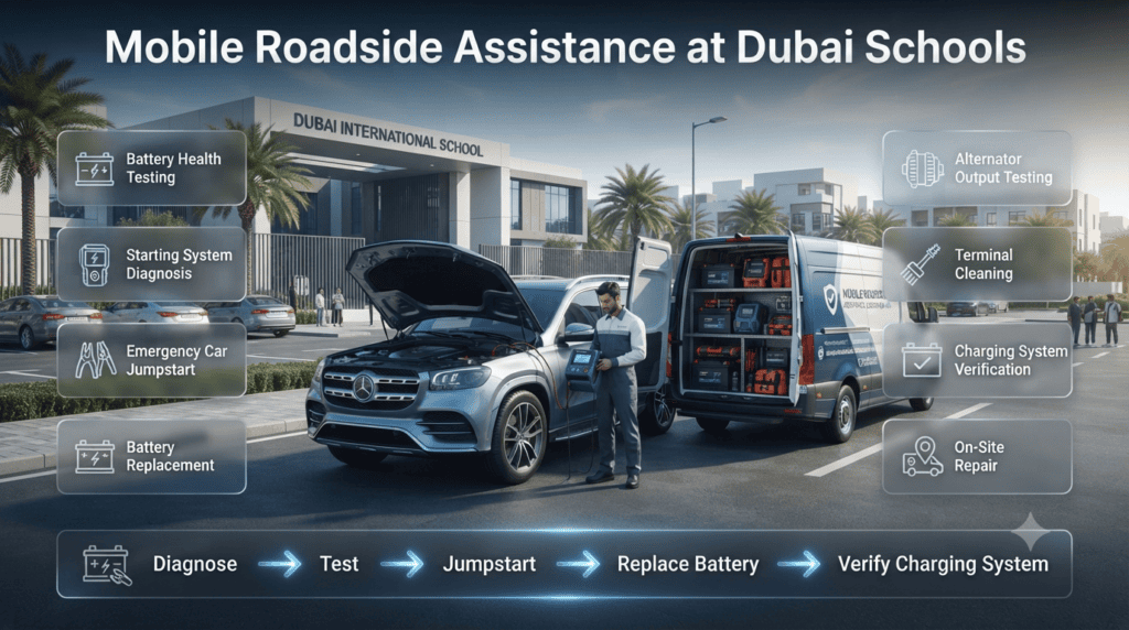 Professional mobile roadside technician replacing a dead car battery outside a Dubai school with on-site diagnostics, jumpstart, battery replacement, and charging system testing.