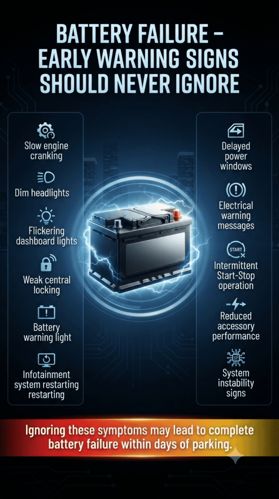 Early Signs of Car Battery Failure – Warning Symptoms Guide Premium infographic showing early warning signs of car battery failure with a central battery image and side lists of symptoms including slow engine start, dim lights, and electrical issues.