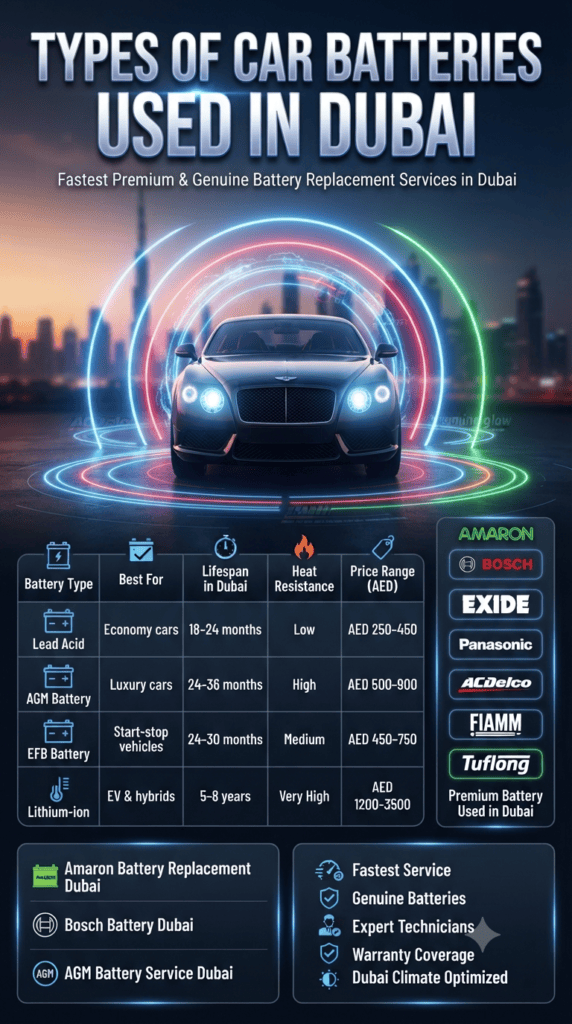 Types of Car Batteries Used in Dubai – Complete Expert Guide Infographic showing types of car batteries used in Dubai including comparison table, premium brands, and service details with a luxury car in the center.