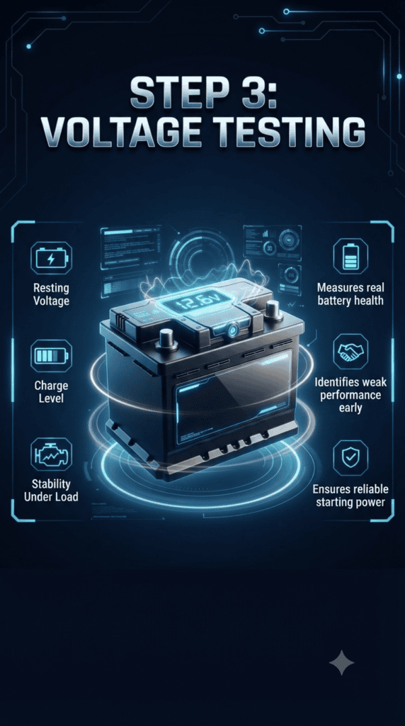 Step 3: Voltage Testing – Battery Performance Check Automotive battery voltage testing infographic showing resting voltage, charge level, and stability under load with a central battery image and side technical points in a modern animated style.