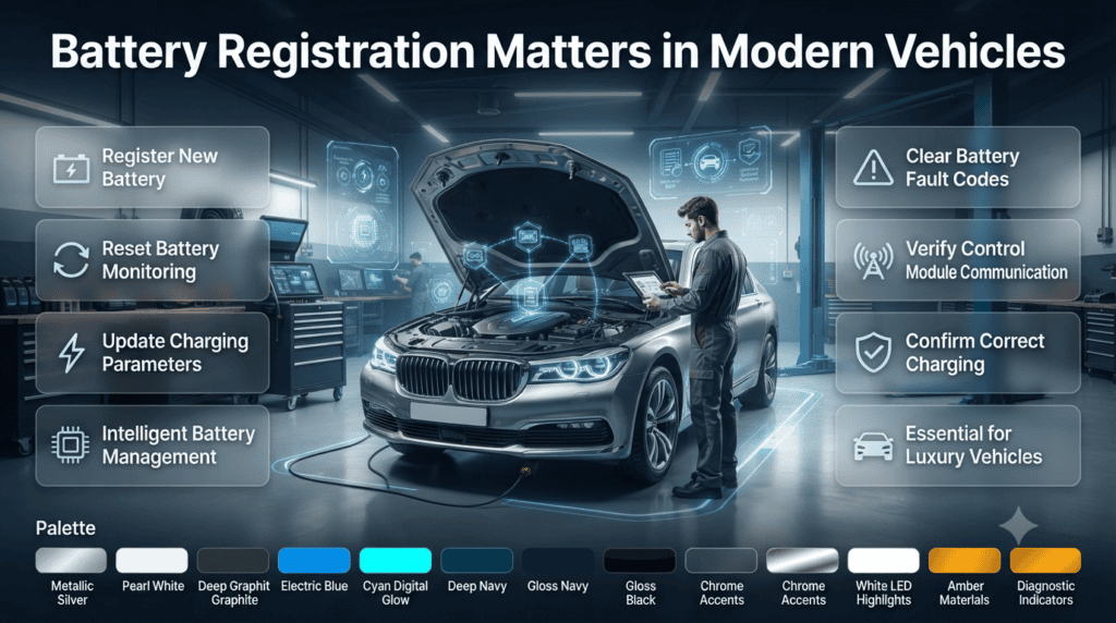 Infographic showing electronic battery registration in modern luxury vehicles using diagnostic tools to update charging systems and battery management.