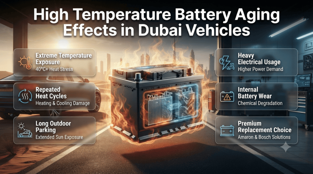 High Temperature Battery Aging Effects in Dubai Vehicles High temperature battery aging in Dubai vehicles showing heat damage, chemical degradation, and premium car battery replacement solutions