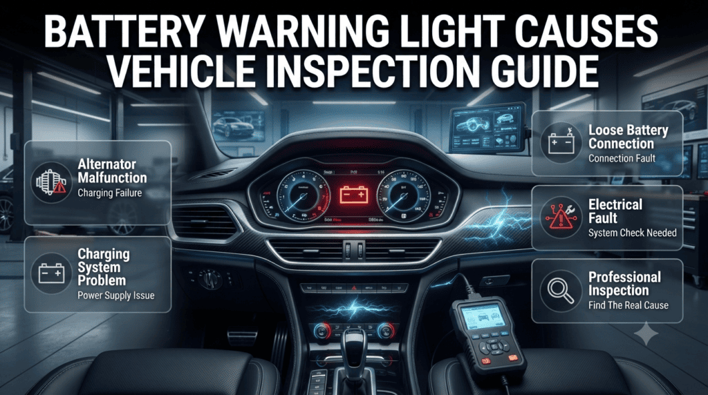Battery Warning Light Causes Vehicle Inspection Guide Car battery warning symbol showing alternator problems, charging faults, loose connections, and professional vehicle inspection