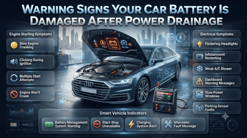Warning Signs Your Car Battery Is Damaged After Power Drainage Modern car displaying battery warning signs after power drainage, including slow engine cranking, dashboard alerts, flickering lights, and battery diagnostics.