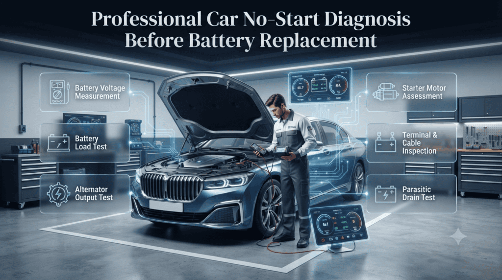 Automotive diagnostic infographic showing a professional technician testing a no-start vehicle with battery voltage, alternator, starter, cable, and battery load inspections.