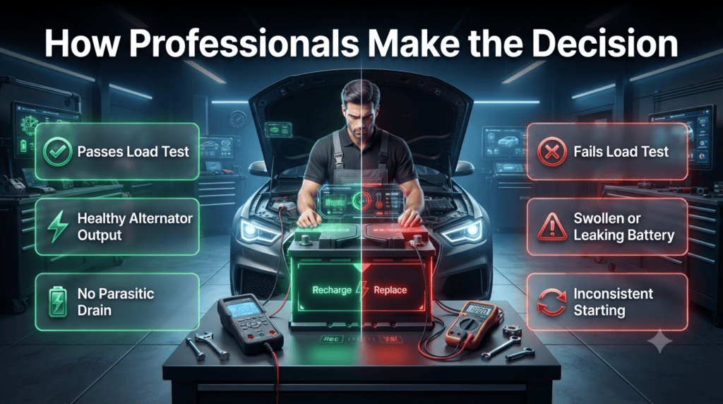 Automotive technician diagnosing a car battery to determine whether it should be recharged or replaced based on professional battery testing results.