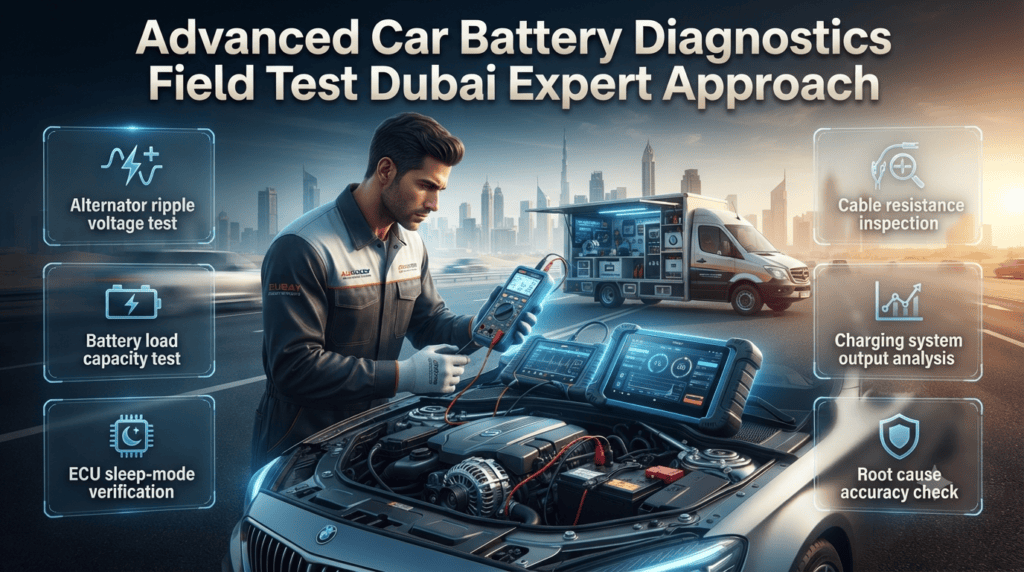 Advanced Car Battery Diagnostics Field Test Dubai Expert Approach Automotive technician performing advanced car battery and alternator diagnostics in Dubai using digital tools for ECU and charging system testing