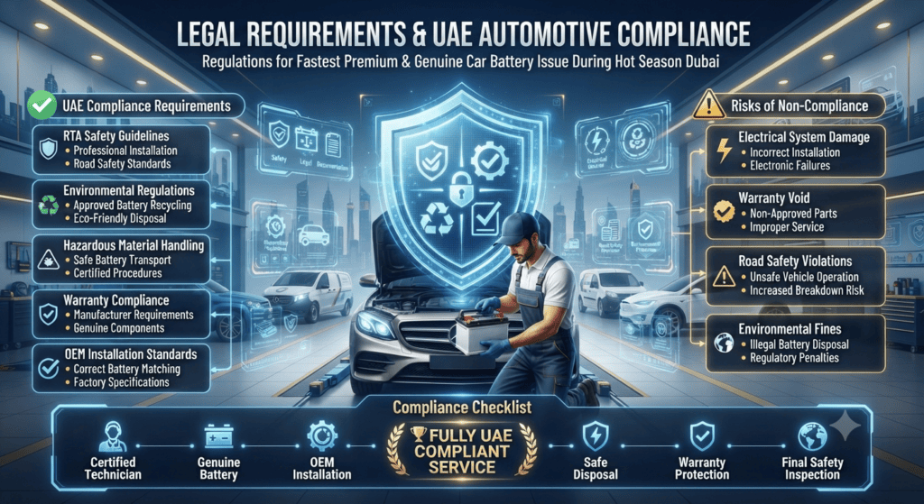 Legal Requirements & UAE Automotive Compliance | Car Battery Replacement Standards Infographic explaining UAE legal requirements and automotive compliance standards for professional car battery replacement, including RTA safety guidelines, environmental regulations, OEM standards, warranty compliance, and the risks of improper installation.