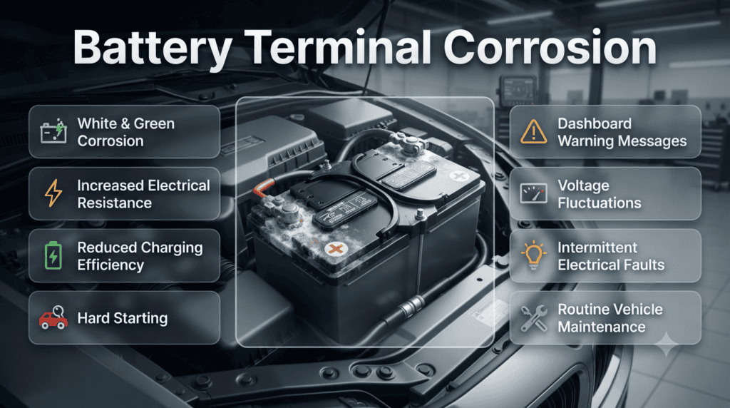 Infographic showing corroded car battery terminals, electrical resistance, voltage fluctuations, warning signs, and routine vehicle maintenance tips.