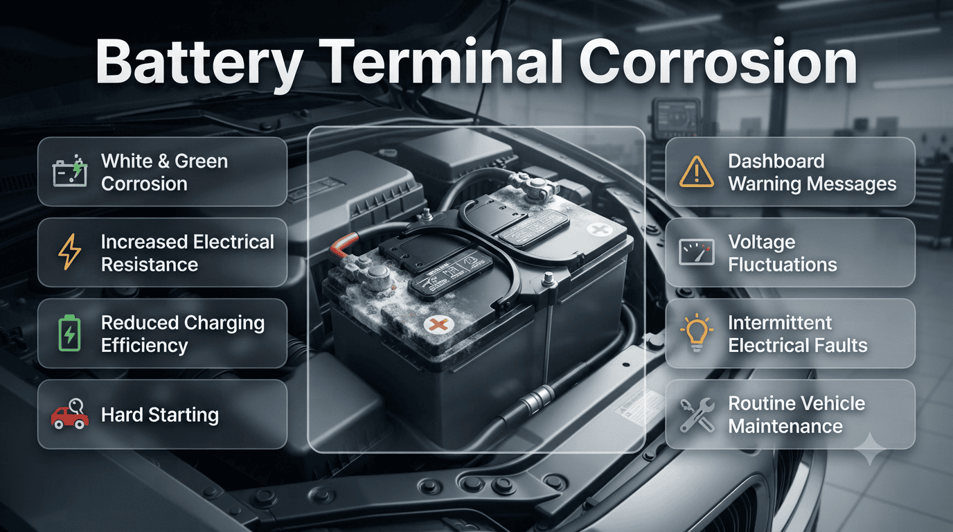 Infographic showing corroded car battery terminals, electrical resistance, voltage fluctuations, warning signs, and routine vehicle maintenance tips.