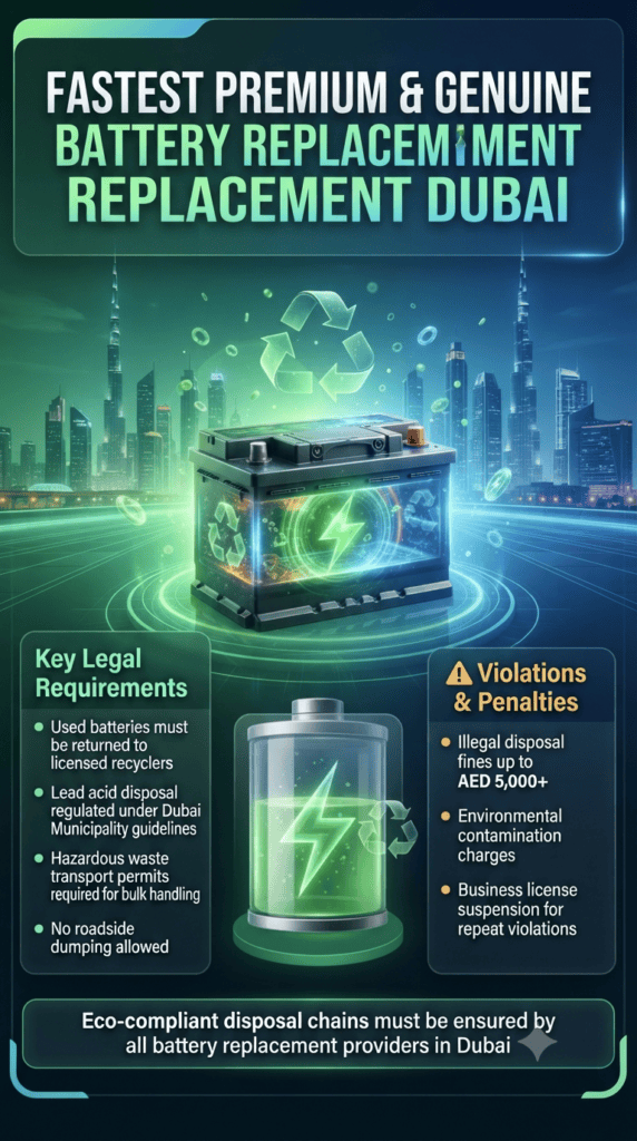 Fastest Premium & Genuine Battery Replacement Dubai – UAE Eco Compliance Guide “Professional infographic showing Dubai car battery replacement compliance guide with central battery, eco recycling symbols, legal requirements on left and penalties on right in a modern green-blue corporate design.”