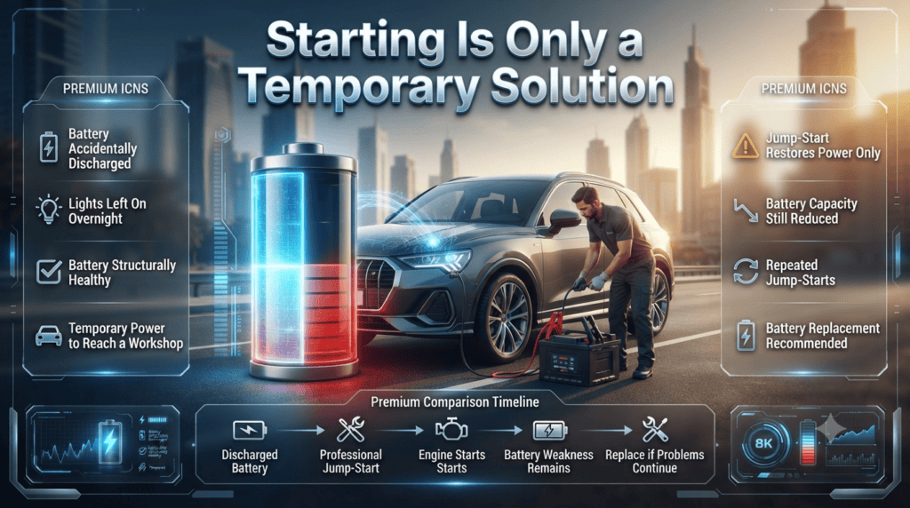 Premium automotive infographic explaining that a car jump-start is a temporary solution for a discharged battery and may indicate the need for battery replacement.