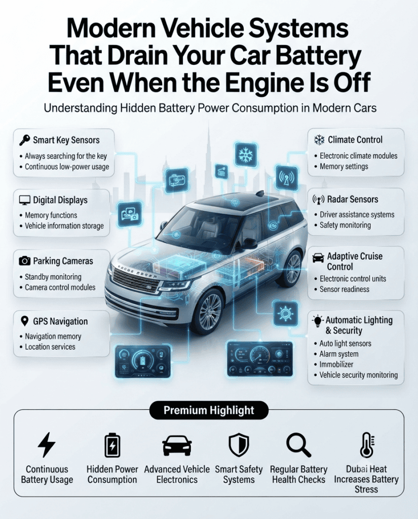 Modern Vehicle Systems That Drain Your Car Battery Even When the Engine Is Off Professional infographic showing a modern luxury car surrounded by electronic features including smart key sensors, digital displays, GPS navigation, parking cameras, climate control, radar sensors, adaptive cruise control, automatic lighting, and security systems that continue consuming battery power while the engine is off.