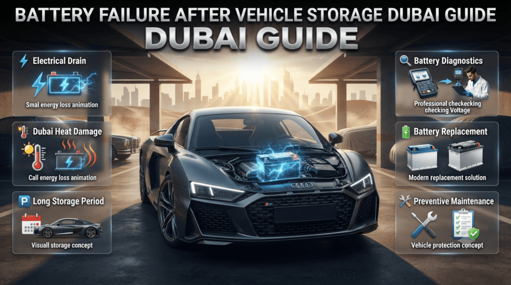 Battery failure after vehicle storage in Dubai showing dead car battery, diagnostics, heat damage, and prevention solutions
