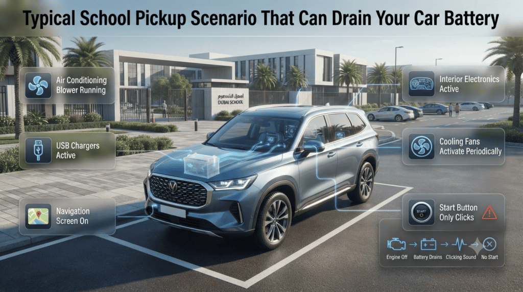 Infographic showing a family car parked outside a Dubai school with electronics running in accessory mode, leading to battery drain before school pickup.