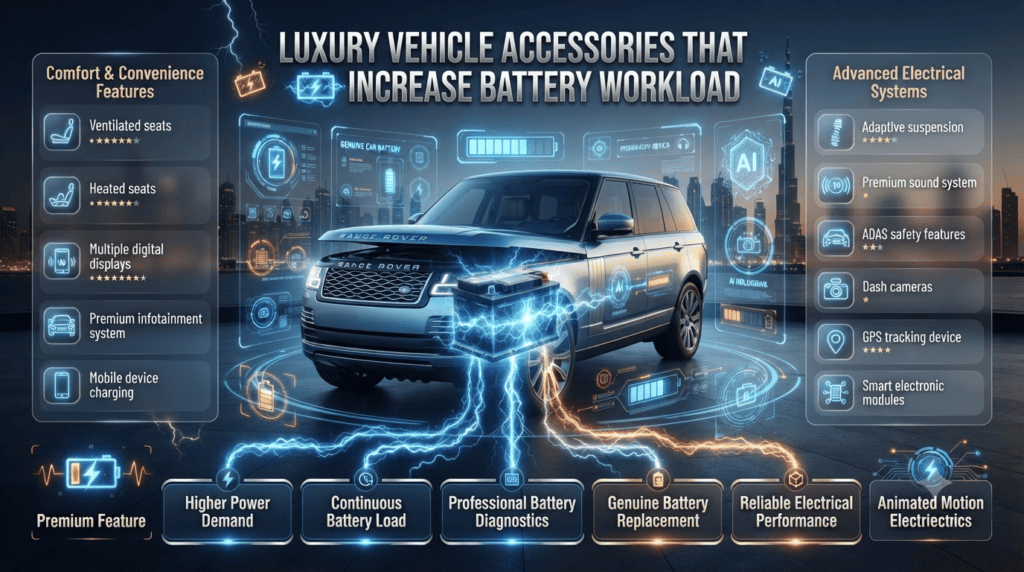 Luxury Vehicle Accessories That Increase Battery Workload | Understanding Electrical Demand Premium automotive infographic showing luxury vehicle accessories such as ventilated seats, heated seats, premium sound systems, adaptive suspension, dash cameras, GPS tracking, and digital displays that increase car battery workload.