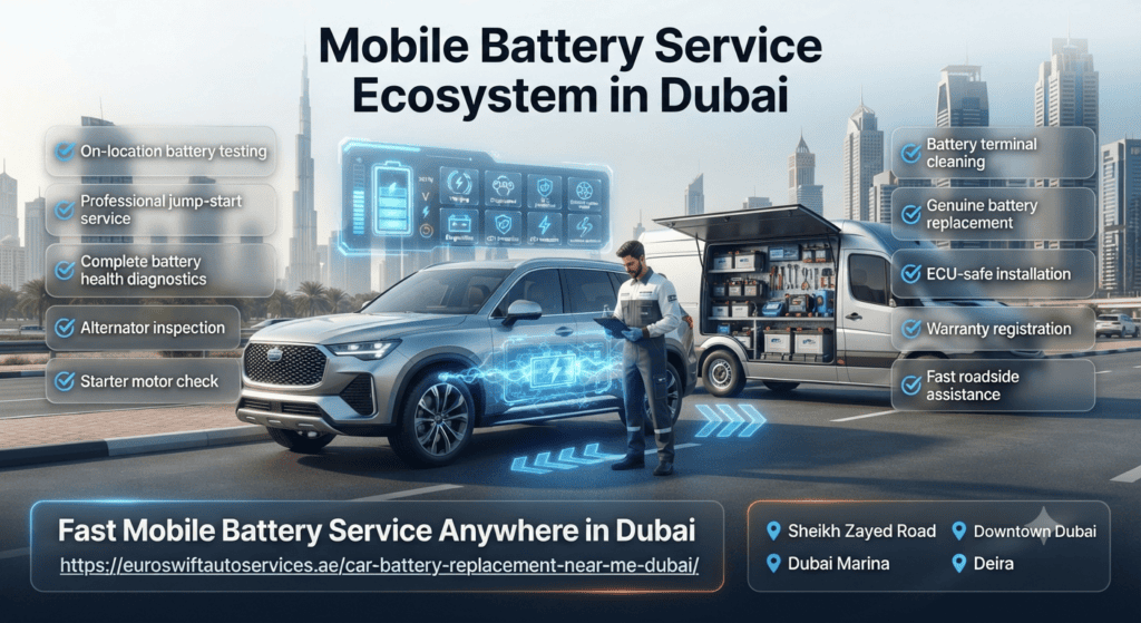 Mobile Battery Service Ecosystem in Dubai | On-Site Car Battery Replacement Guide Premium infographic showing a mobile battery service technician replacing a car battery on-site in Dubai, highlighting battery testing, jump-start service, alternator inspection, ECU-safe installation, warranty registration, and roadside assistance.