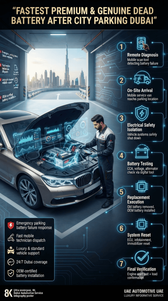 Car Battery Replacement Process Dubai – Step-by-Step Emergency Parking Service Workflow Step-by-step infographic showing emergency car battery replacement process in Dubai parking, including diagnosis, arrival, testing, replacement, system reset, and final verification.