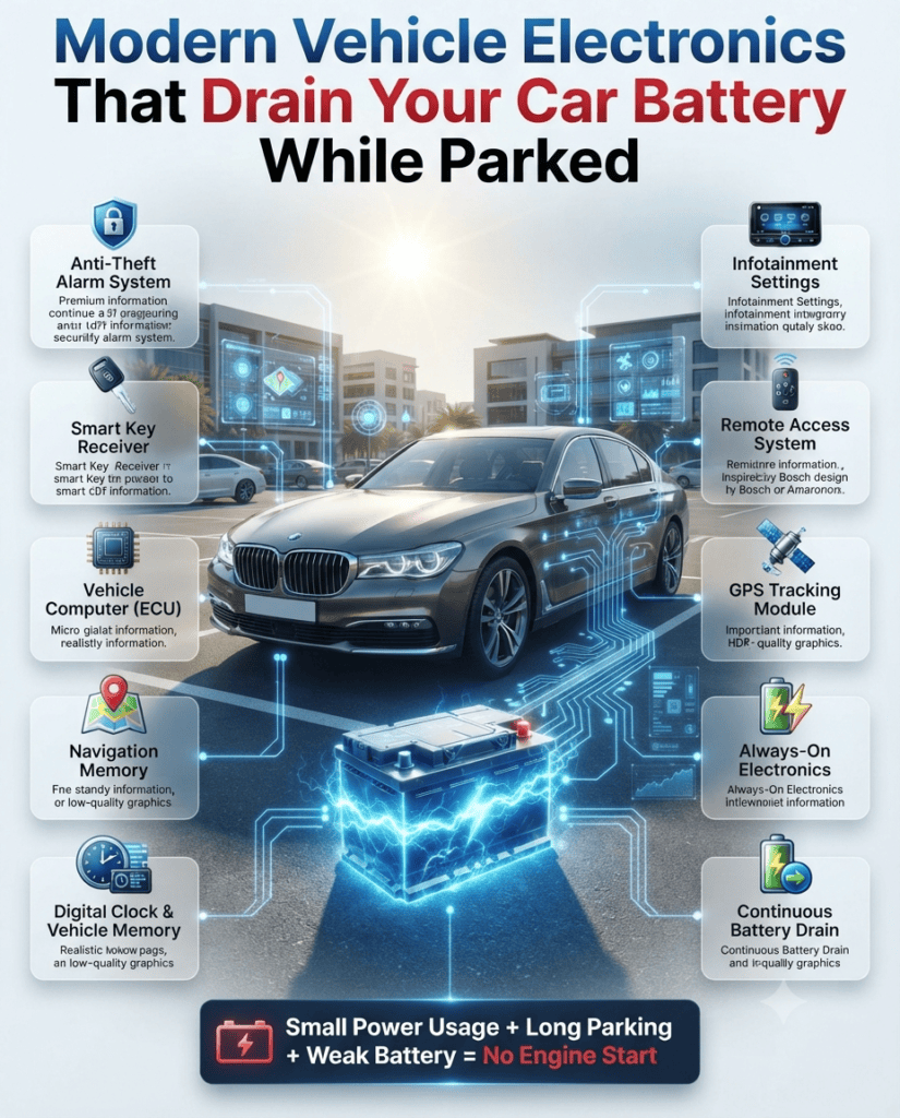 Modern Vehicle Electronics That Drain Your Car Battery While Parked | User Guide Professional infographic showing how anti-theft alarms, smart key receivers, vehicle computers, navigation memory, infotainment systems, GPS modules, and remote access features continuously consume battery power while a car is parked.