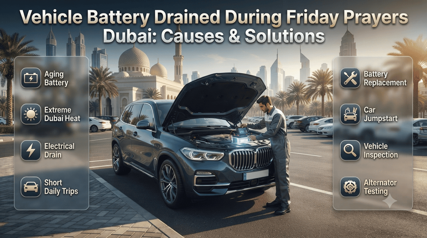 A stranded driver beside a car with a dead battery outside a Dubai mosque during Friday prayers, highlighting battery failure causes and emergency roadside assistance.