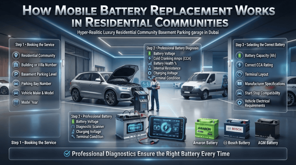 Professional mobile battery replacement technician diagnosing and replacing a car battery in a Dubai residential community basement parking area with advanced diagnostic tools.