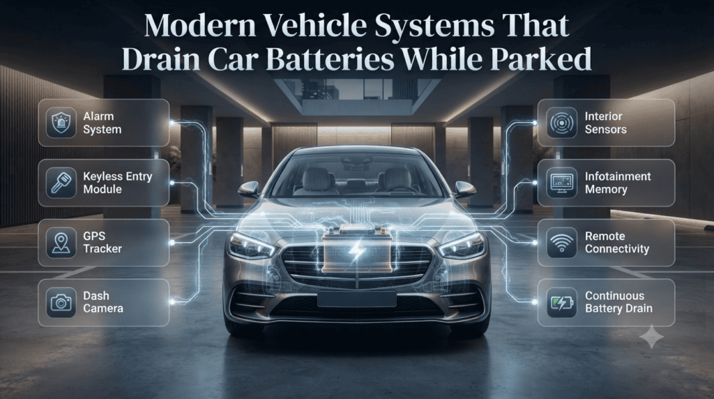 Premium infographic showing modern vehicle electronics that continue using battery power while parked, including alarms, GPS, keyless entry, dash cams, and infotainment.